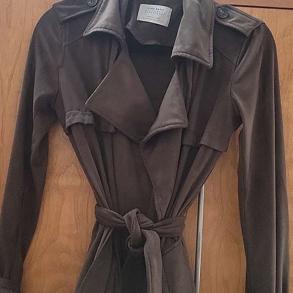 Zara Olive Green Long Faux Suede Trench Coat XS - Picture 3 of 11